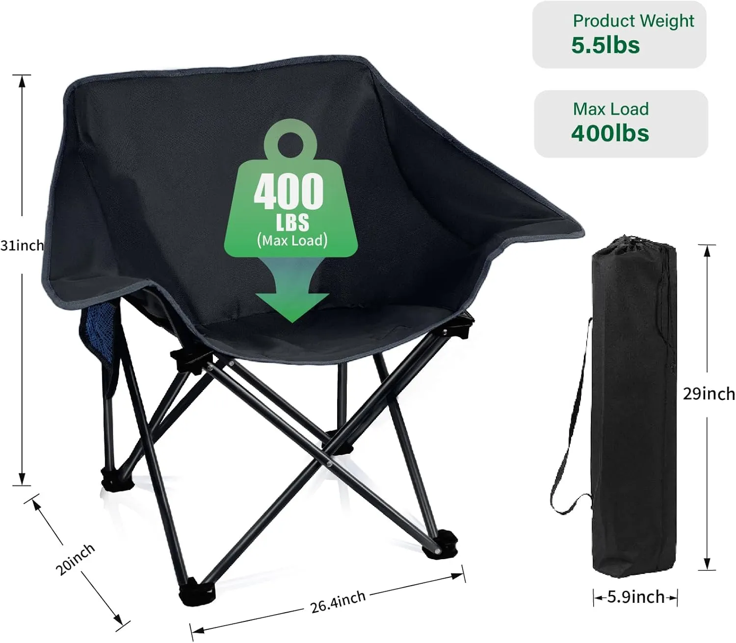 4 Pack Portable Camping Chair Compact Collapsible Outdoor Folding Sports Chairs for Adults Heavy Duty Camp Sporting Events Park Lawn 400 Lbs Black Black