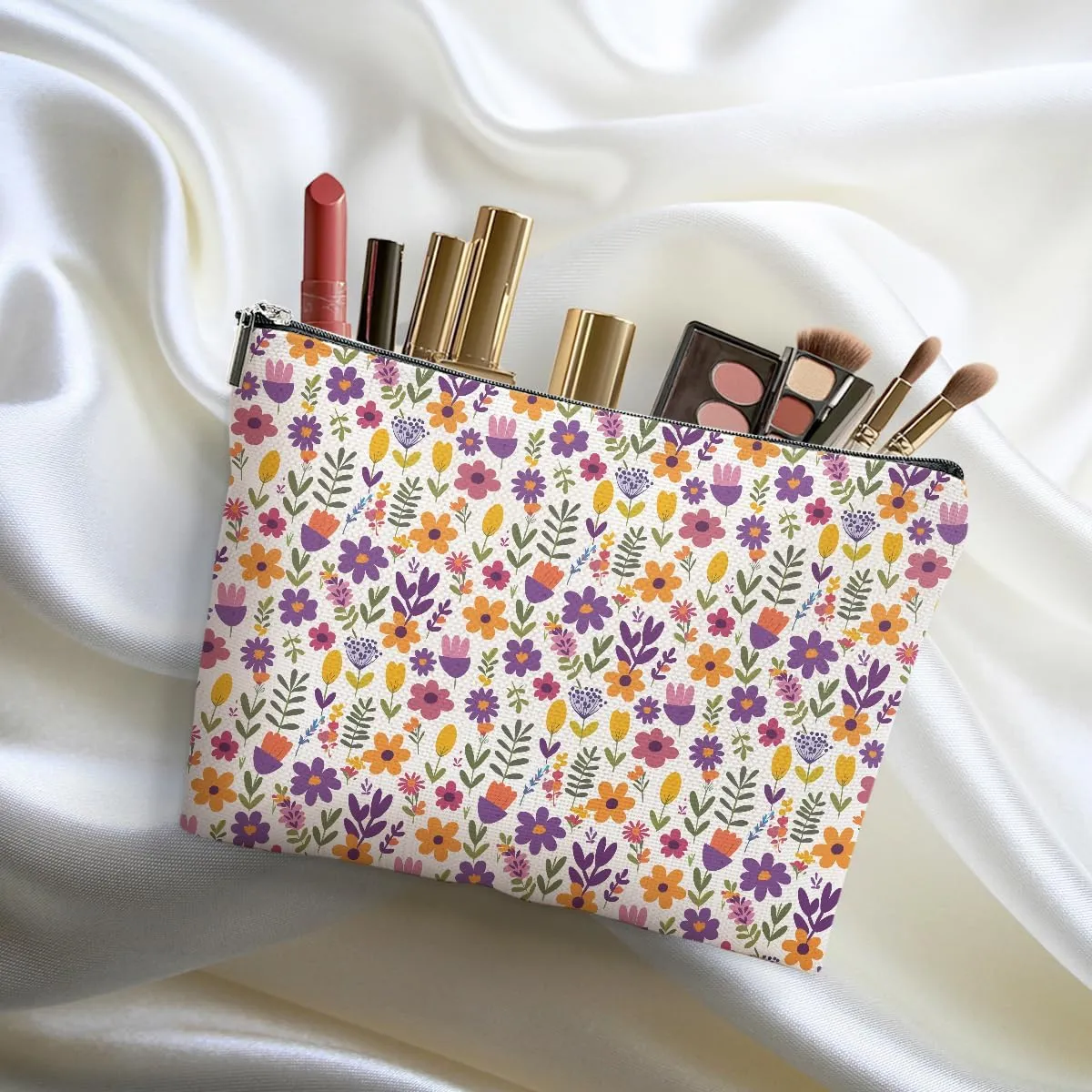 4 Packs Retro Flowers Makeup Bag Floral Pumpkin Rabbit Cosmetic Bag Friend Friendship Gifts for Women Girls Sister Mom Botanical Travel Organizer Zipper Pouch Christmas Thanksgiving Birthday Gifts