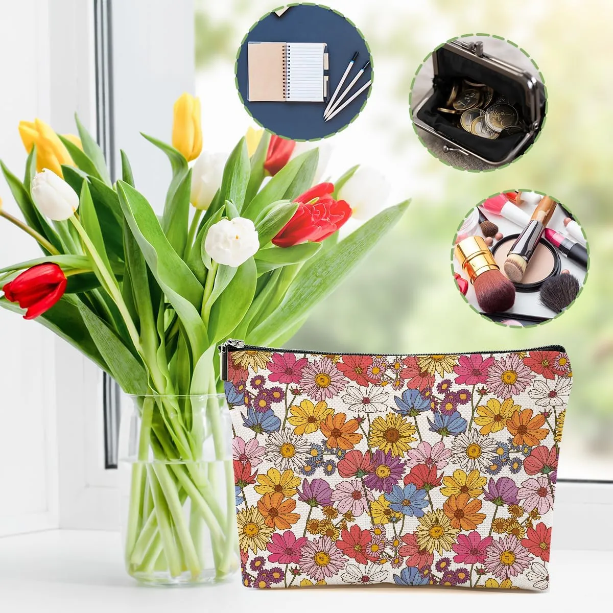 4 Packs Retro Flowers Makeup Bag Floral Pumpkin Rabbit Cosmetic Bag Friend Friendship Gifts for Women Girls Sister Mom Botanical Travel Organizer Zipper Pouch Christmas Thanksgiving Birthday Gifts