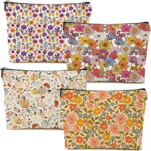 4 Packs Retro Flowers Makeup Bag Floral Pumpkin Rabbit Cosmetic Bag Friend Friendship Gifts for Women Girls Sister Mom Botanical Travel Organizer Zipper Pouch Christmas Thanksgiving Birthday Gifts