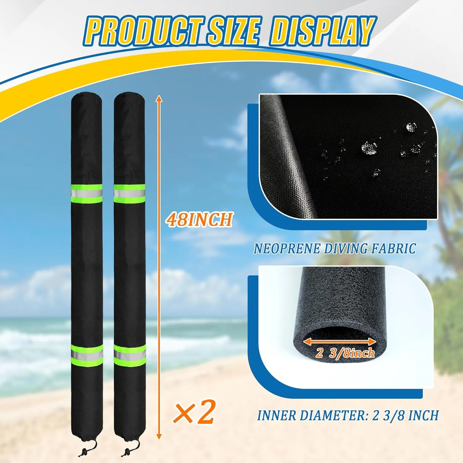 48 Inch Thickened Foam Boat Trailer Guide Pole Pad and Cover with Capped End and Reflective Stripe for Ski Boat, Fishing Boat or Sailboat Trailer