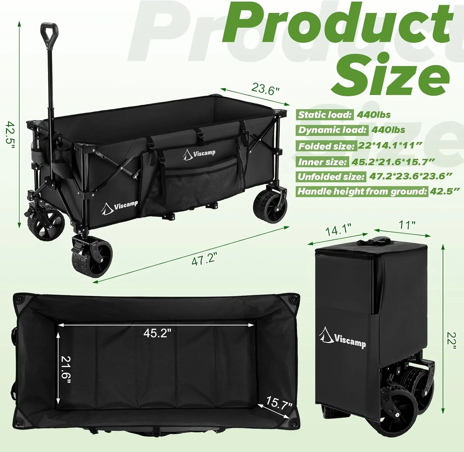 48''L Wagons Carts Foldable - 440Lbs Collapsible Wagon Heavy Duty Black Cart for Camping, Garden, Shopping and Storage - with Wheels and Elastic Rope