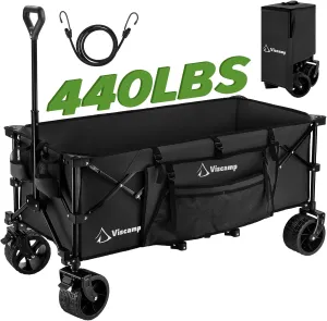 48''L Wagons Carts Foldable - 440Lbs Collapsible Wagon Heavy Duty Black Cart for Camping, Garden, Shopping and Storage - with Wheels and Elastic Rope