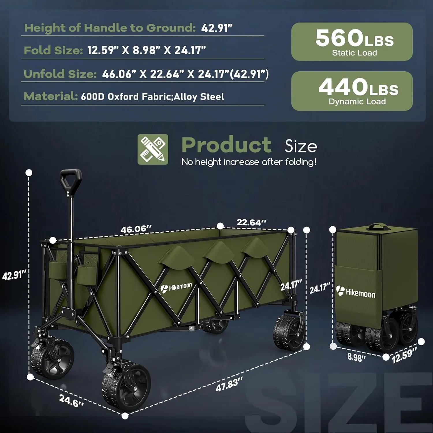 48" L Collapsible Wagons Carts Foldable, 560LB Weight Capacity 300L Heavy Duty Folding Beach Wagon with All-Terrain Big Wheel, Utility Cart for Grocery, Garden, Sports, Camping, Green