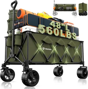 48" L Collapsible Wagons Carts Foldable, 560LB Weight Capacity 300L Heavy Duty Folding Beach Wagon with All-Terrain Big Wheel, Utility Cart for Grocery, Garden, Sports, Camping, Green