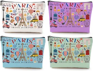 4pcs Funny Paris Travel Gifts for Women Makeup Bag France Paris Lovers Gift Birthday Mothers Day Anniversary Cosmetic Bag Toiletry Bags Travel Essentials Friendship Gifts for Girls Teacher Travelers