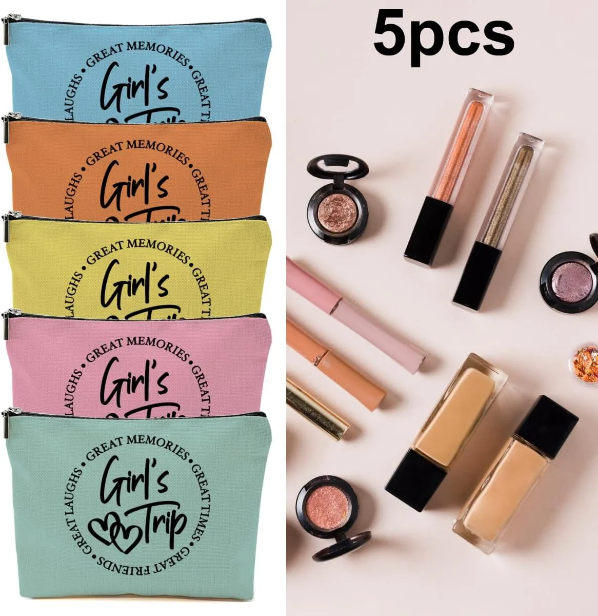 5 Pcs Girls Trip Gifts Favors, Girls Weekend Gifts Makeup Bag, Bestie Gifts Weekend Bag Travel Gifts Vacation Cosmetic Bag, Friendship Gifts for Women Bride, Graduation Wedding Gifts Toiletry Bag