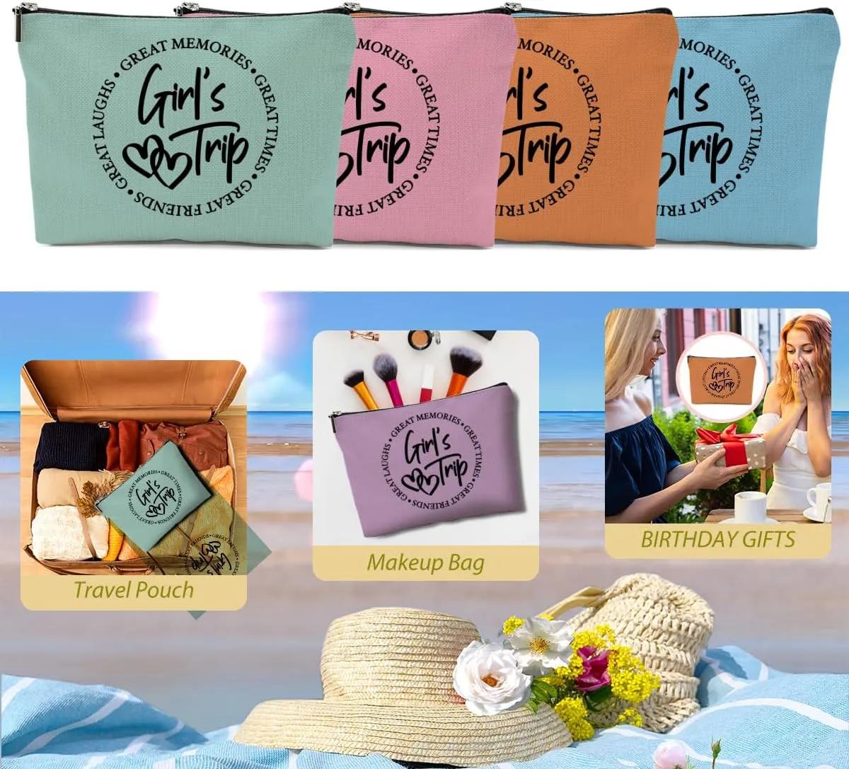 5 Pcs Girls Trip Gifts Favors, Girls Weekend Gifts Makeup Bag, Bestie Gifts Weekend Bag Travel Gifts Vacation Cosmetic Bag, Friendship Gifts for Women Sisters, Graduation Wedding Gifts Toiletry Bag