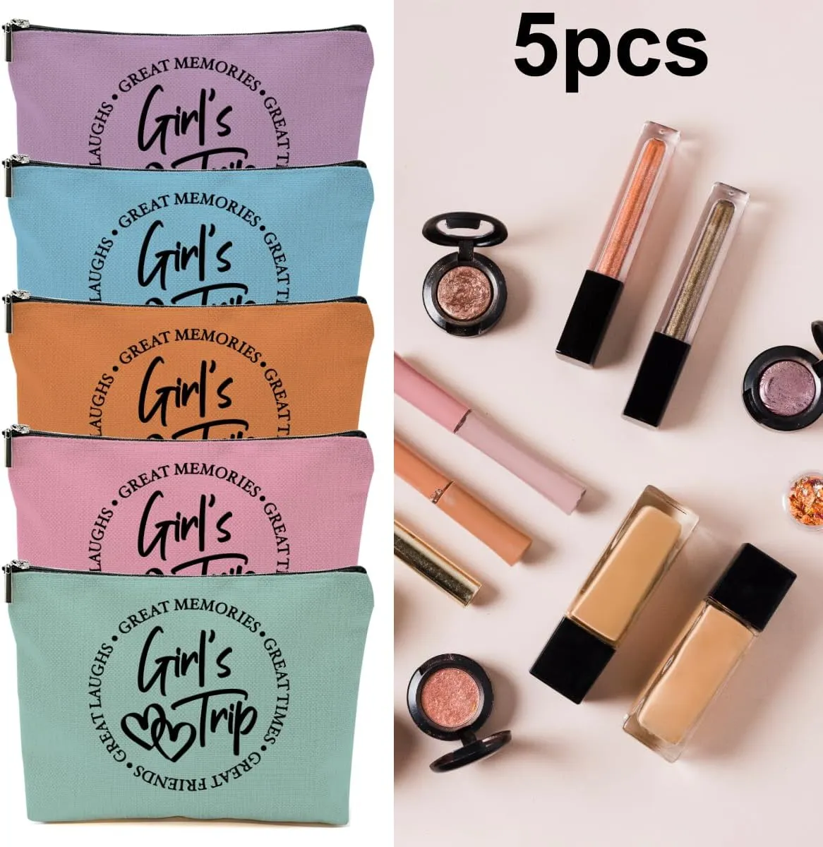 5 Pcs Girls Trip Gifts Favors, Girls Weekend Gifts Makeup Bag, Bestie Gifts Weekend Bag Travel Gifts Vacation Cosmetic Bag, Friendship Gifts for Women Sisters, Graduation Wedding Gifts Toiletry Bag