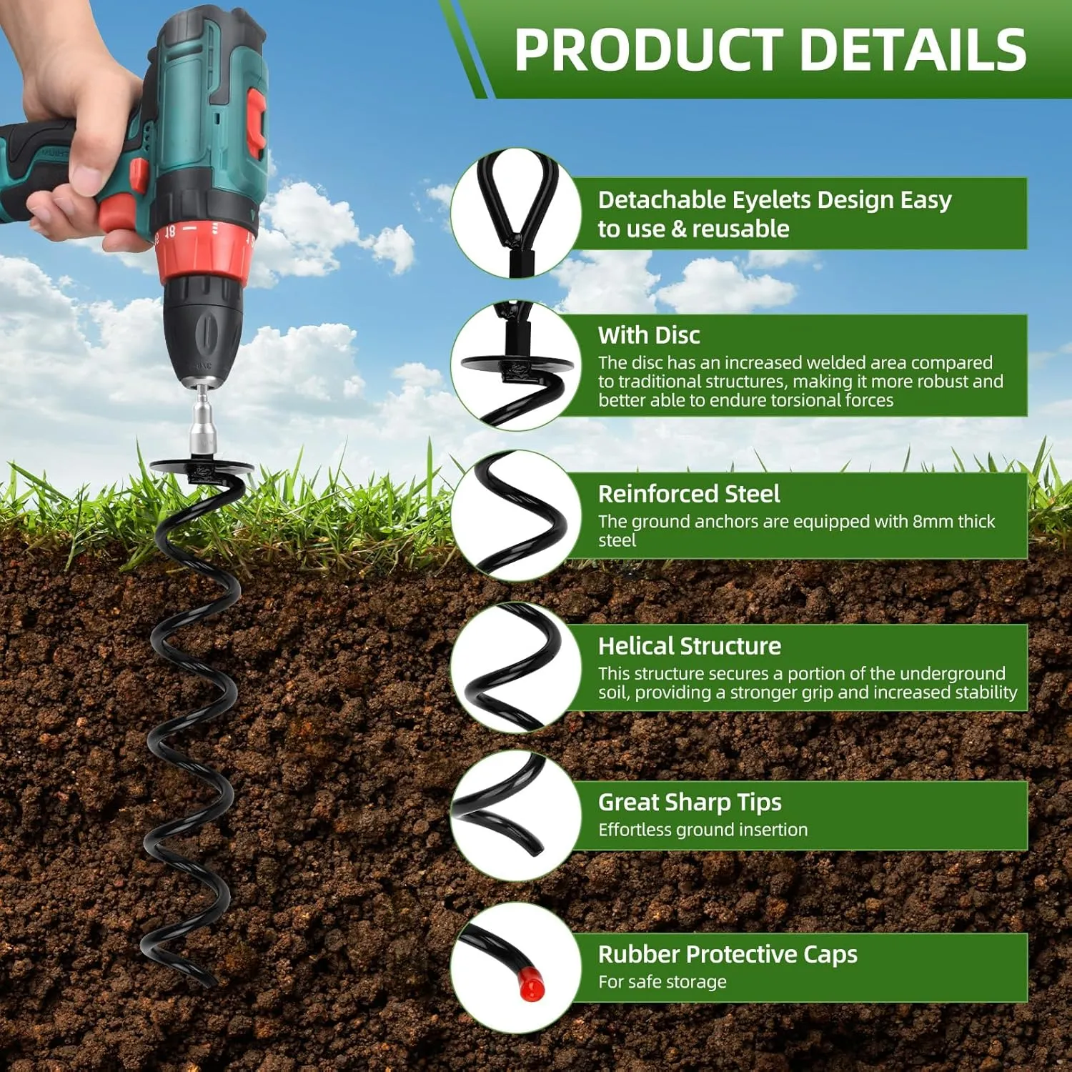 6 Pack Ground Anchors 15.3" Heavy Duty Earth Anchors with T Handle Hex Wrench & Drill, Earth Anchors Metal Ground Stakes Ground Anchors Screw in for Swing, Trampoline, Tents, Securing Animals