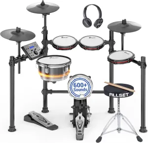 700 Professional Electric Drum Sets with Mude Mesh Drum Pads, 10" Dual Zone Snare, 30 Kits & 600  BFD Sounds, 2 Pedals, Throne & Headphones, Drumsticks | USB MIDI Integration, Melodics Lessons