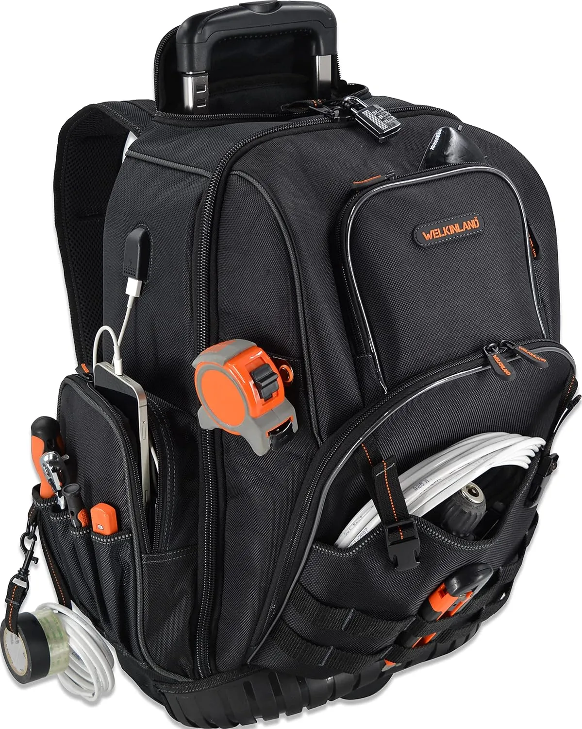 72Pockets Rolling Tool backpack, Large tool bag with wheels, Rolling Electrician bag with wheels for men