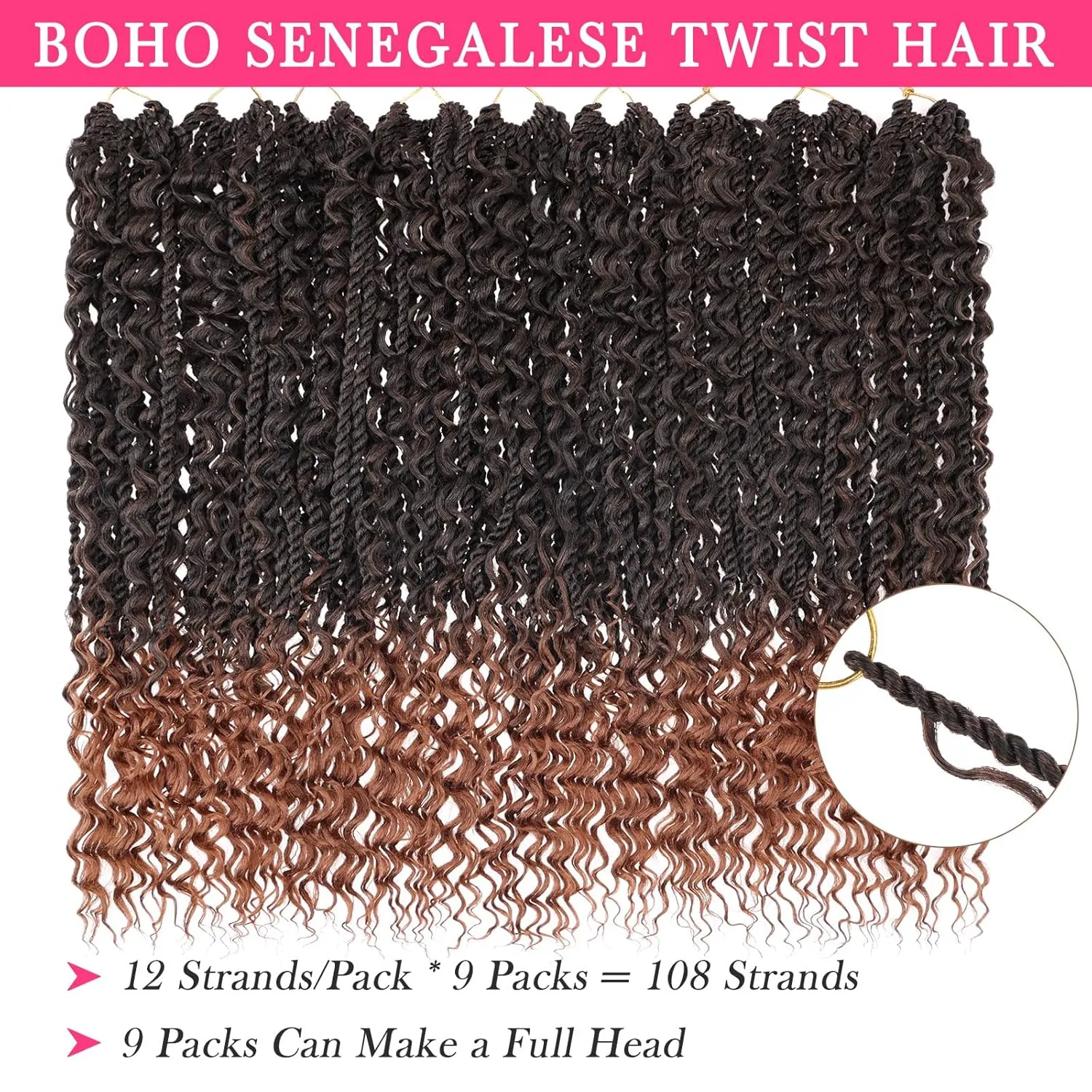 9 Packs Ombre Brown Senegalese Twist Crochet Hair with Curly Ends 24 Inch Boho Island Twist Crochet Braids Pre Looped Natural Goddess Box Braids Crochet Braiding Hair for Black Women T30#
