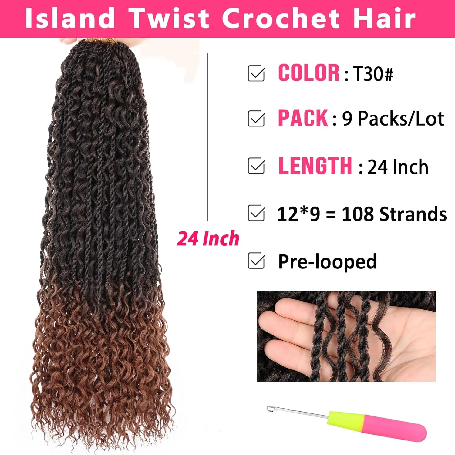 9 Packs Ombre Brown Senegalese Twist Crochet Hair with Curly Ends 24 Inch Boho Island Twist Crochet Braids Pre Looped Natural Goddess Box Braids Crochet Braiding Hair for Black Women T30#