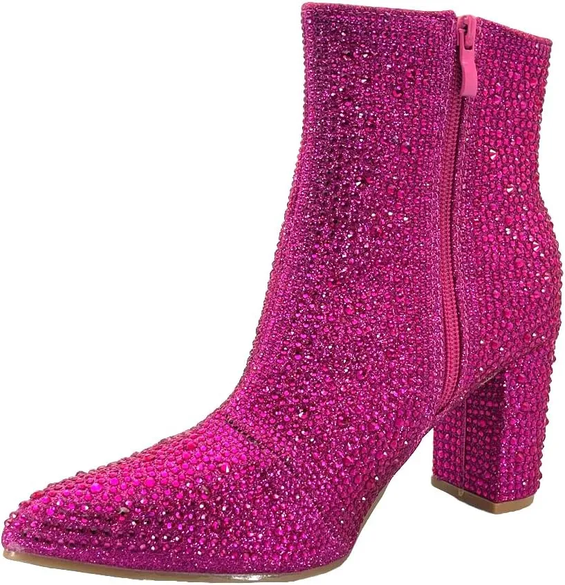 ABSOLEX Women Pointed Toe Rhinestone Block Medium Heel Ankle Booties