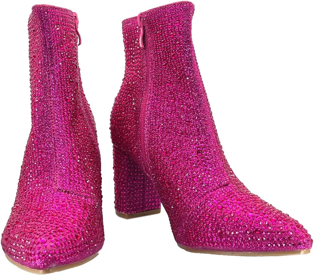 ABSOLEX Women Pointed Toe Rhinestone Block Medium Heel Ankle Booties