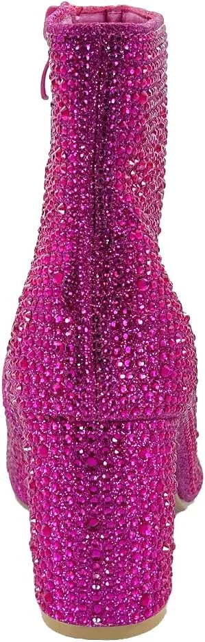 ABSOLEX Women Pointed Toe Rhinestone Block Medium Heel Ankle Booties