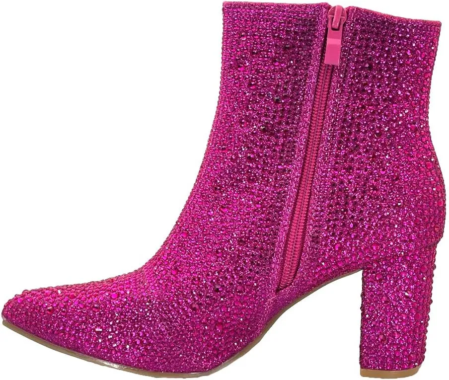 ABSOLEX Women Pointed Toe Rhinestone Block Medium Heel Ankle Booties