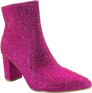 ABSOLEX Women Pointed Toe Rhinestone Block Medium Heel Ankle Booties