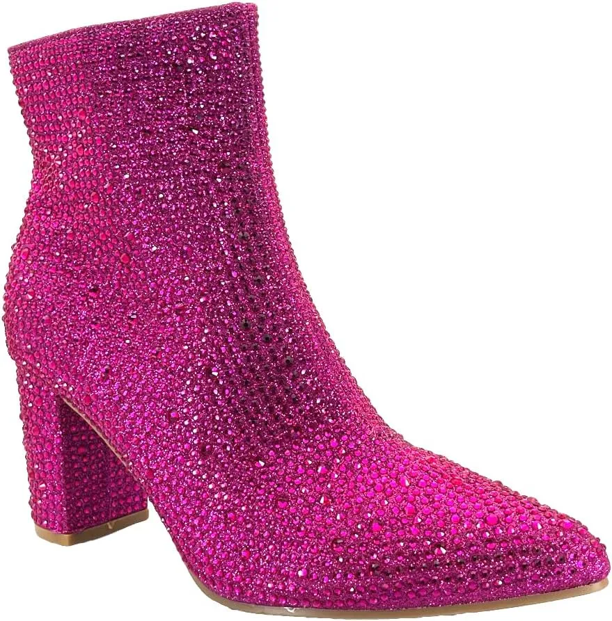 ABSOLEX Women Pointed Toe Rhinestone Block Medium Heel Ankle Booties