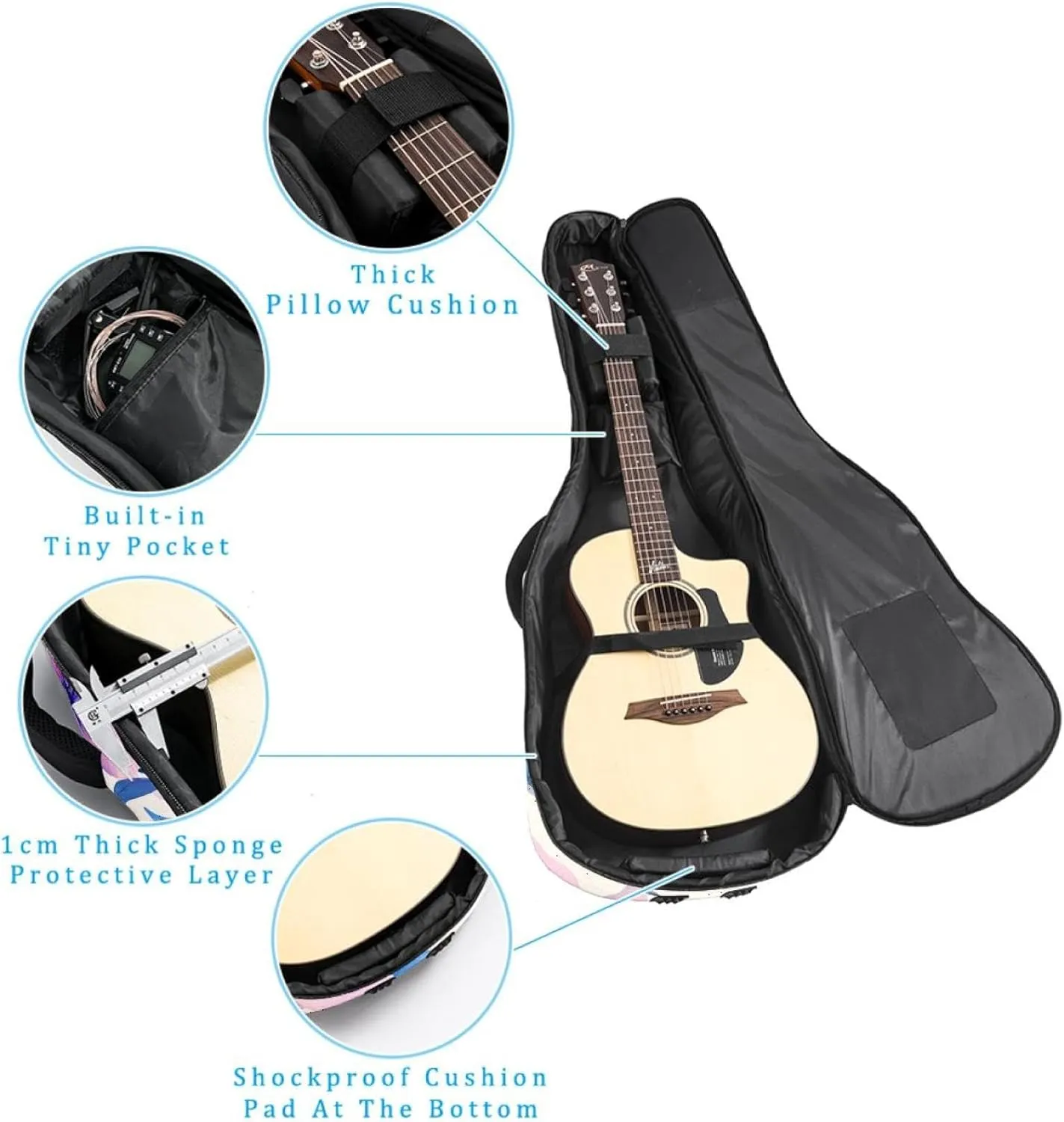 Acoustic Guitar Bag, Soft Guitar Case with 2 Pockets and Back Hanger Loop for 40 41 42 Inch Electric Bass Classical Guitars, Pink Purple Blue Flowers