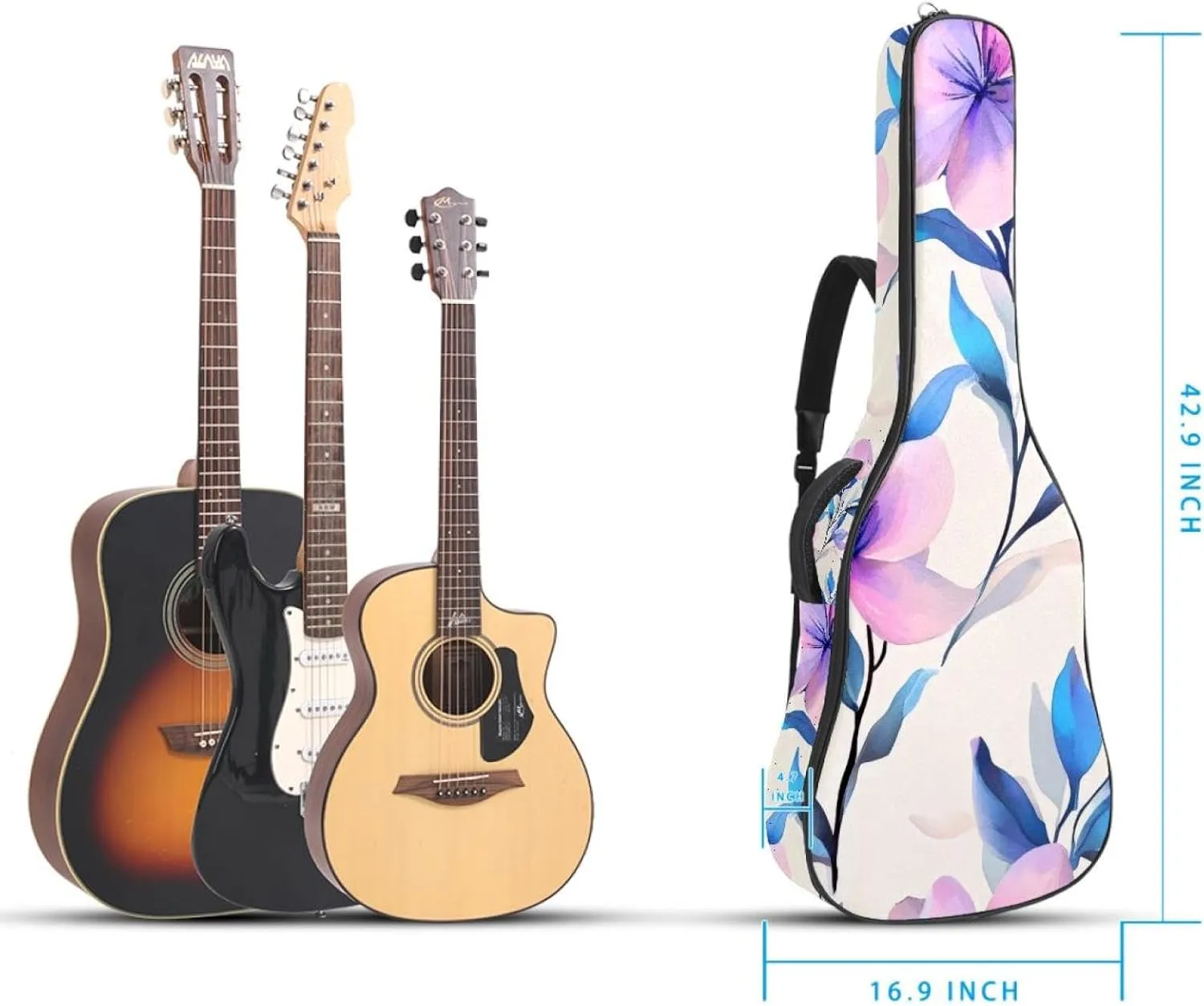 Acoustic Guitar Bag, Soft Guitar Case with 2 Pockets and Back Hanger Loop for 40 41 42 Inch Electric Bass Classical Guitars, Pink Purple Blue Flowers