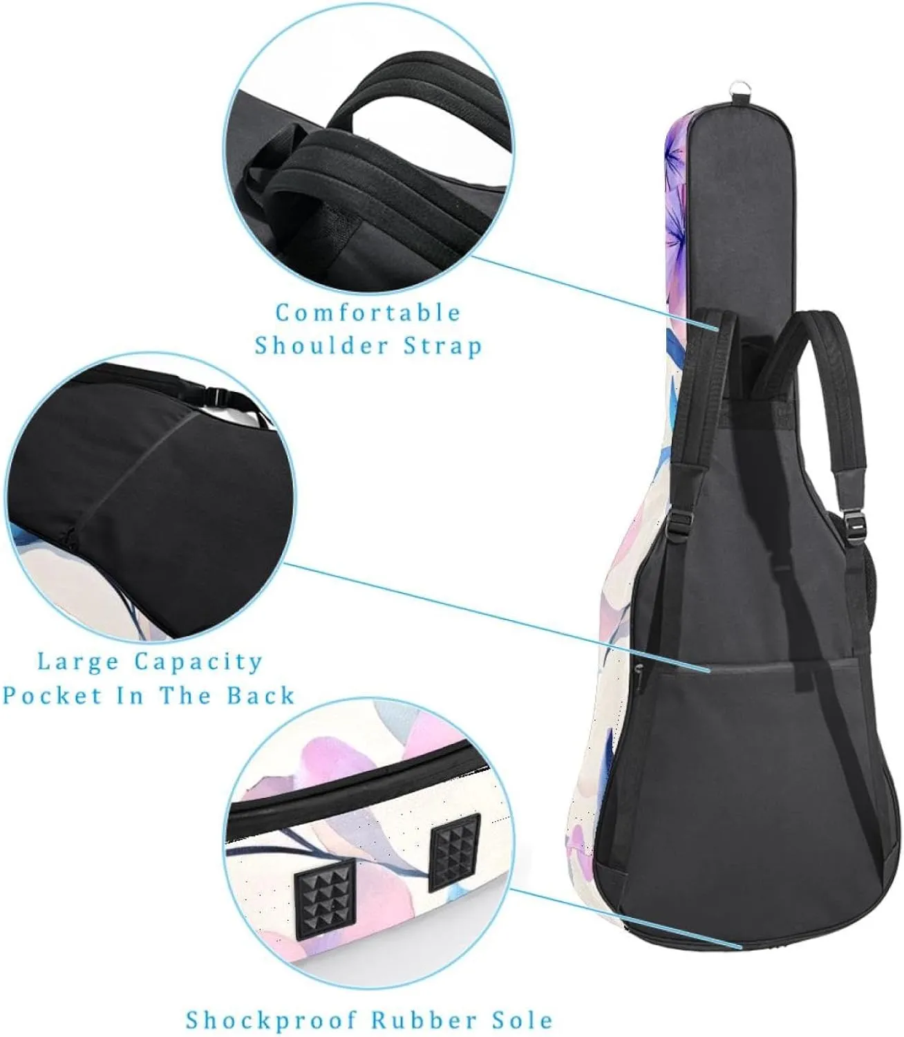 Acoustic Guitar Bag, Soft Guitar Case with 2 Pockets and Back Hanger Loop for 40 41 42 Inch Electric Bass Classical Guitars, Pink Purple Blue Flowers