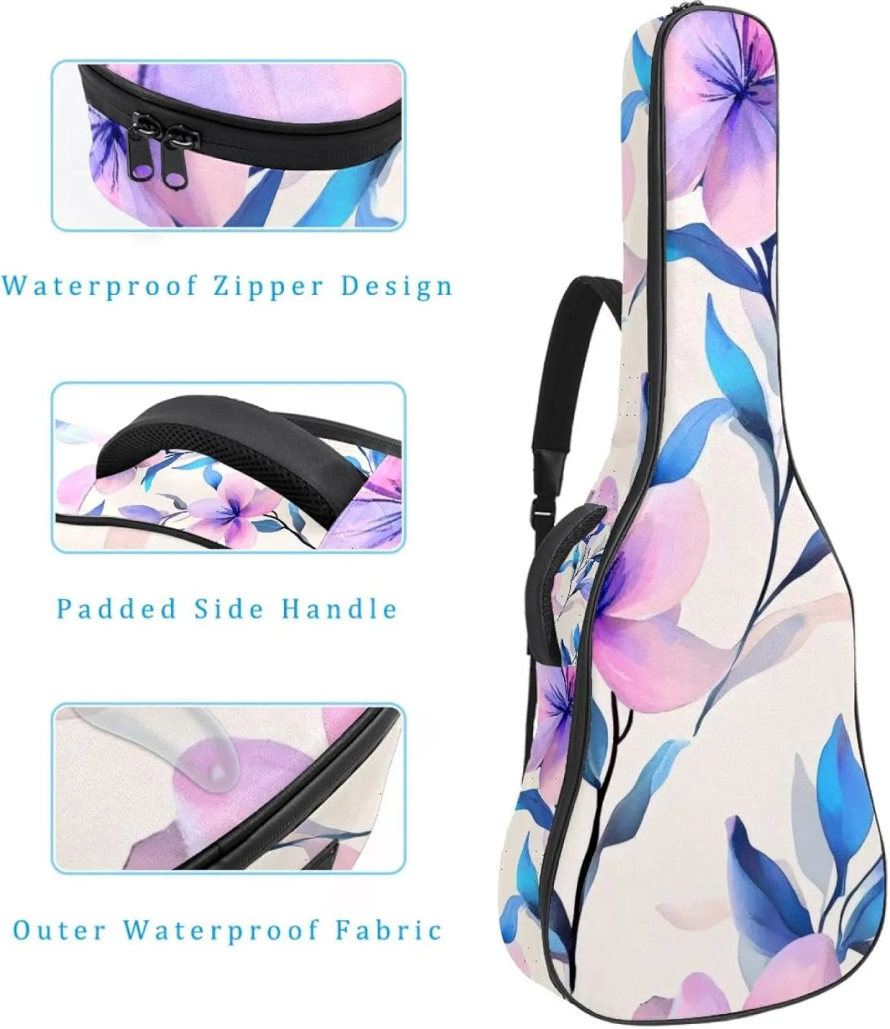 Acoustic Guitar Bag, Soft Guitar Case with 2 Pockets and Back Hanger Loop for 40 41 42 Inch Electric Bass Classical Guitars, Pink Purple Blue Flowers
