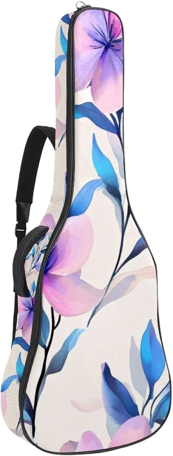 Acoustic Guitar Bag, Soft Guitar Case with 2 Pockets and Back Hanger Loop for 40 41 42 Inch Electric Bass Classical Guitars, Pink Purple Blue Flowers
