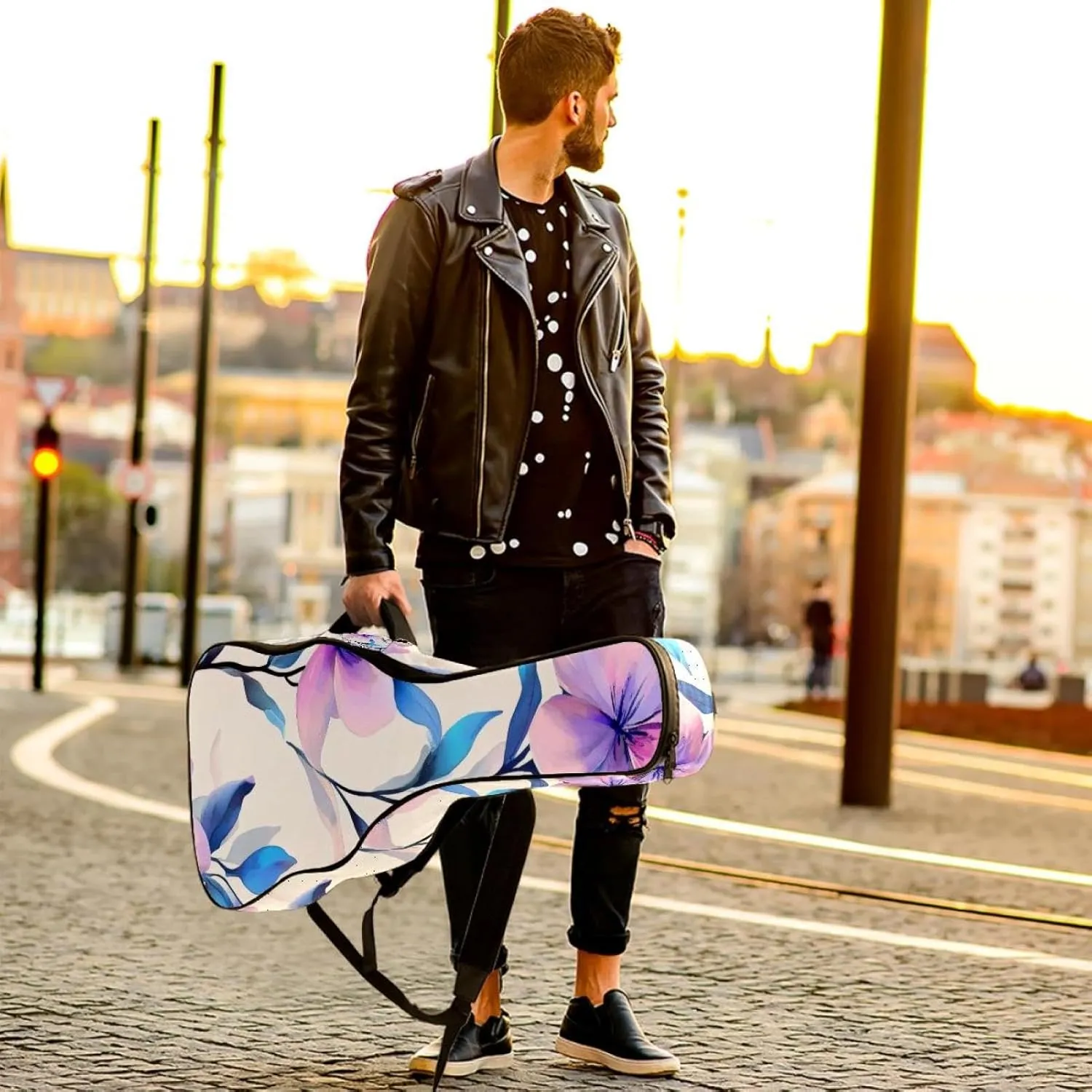 Acoustic Guitar Bag, Soft Guitar Case with 2 Pockets and Back Hanger Loop for 40 41 42 Inch Electric Bass Classical Guitars, Pink Purple Blue Flowers