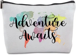 Adventure Awaits Zipper Makeup Bag Travel Cosmetic Bag Nature Linen World Map Makeup Bag for Map Lover Travel Lover Women Friends for Birthday Christmas Gifts