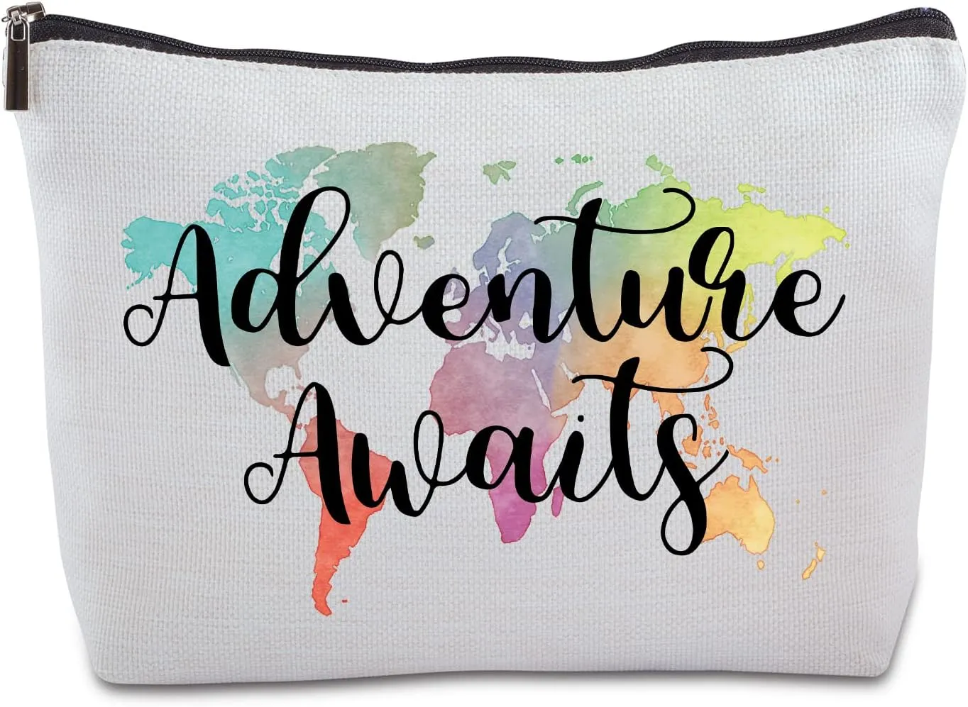 Adventure Awaits Zipper Makeup Bag Travel Cosmetic Bag Nature Linen World Map Makeup Bag for Map Lover Travel Lover Women Friends for Birthday Christmas Gifts