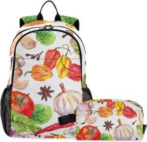 Aflyko Kid Backpack with Lunch Box Set for Boys Girls Tomatoes Pepper Chilly Garlic Back to School Bookbag Primary Daycare Daypack Laptop Pack Hiking Camping Travel