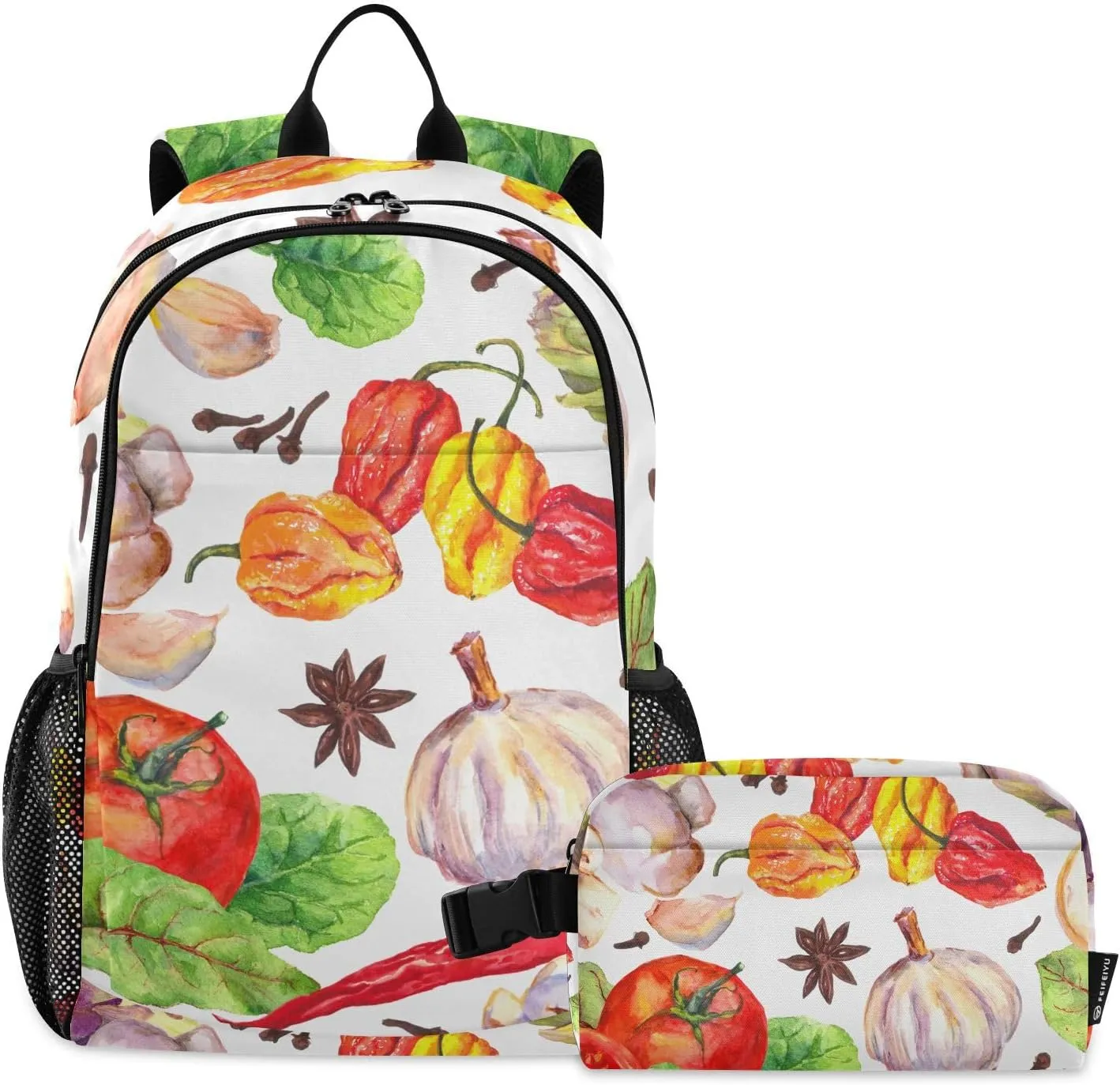 Aflyko Kid Backpack with Lunch Box Set for Boys Girls Tomatoes Pepper Chilly Garlic Back to School Bookbag Primary Daycare Daypack Laptop Pack Hiking Camping Travel