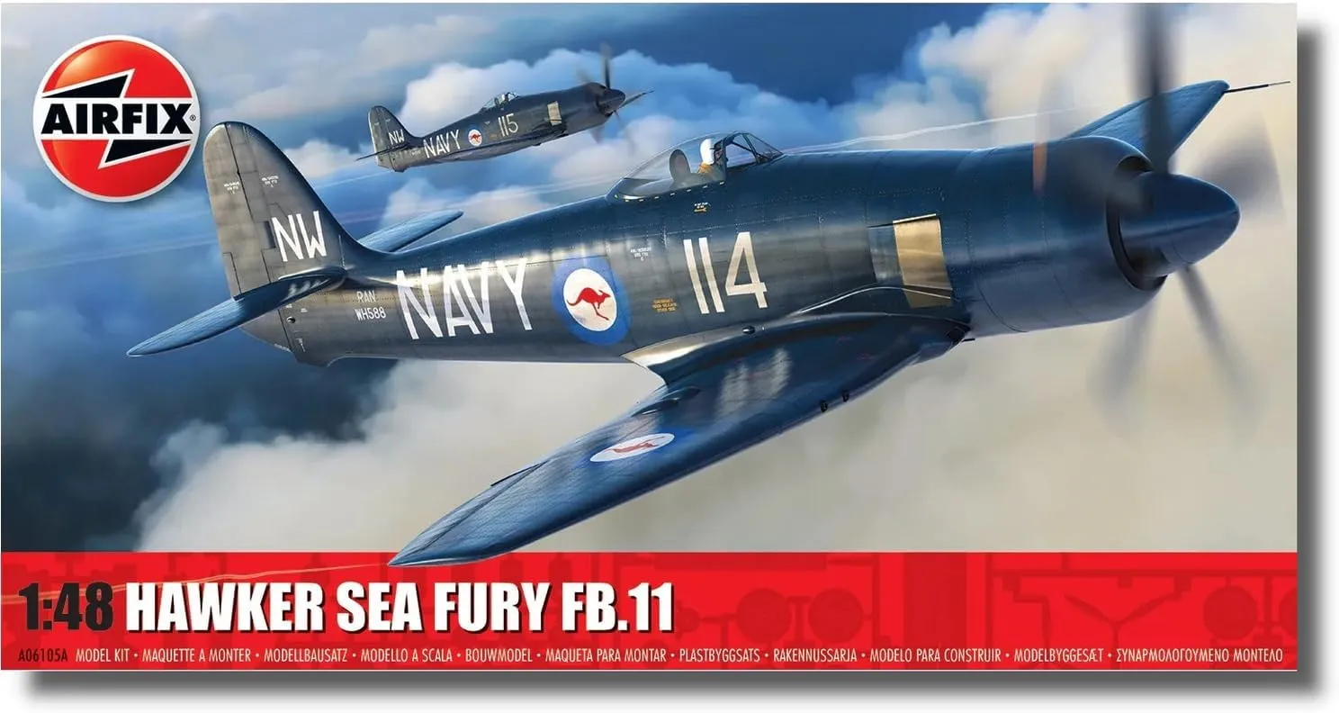 Airfix Model Airplane Kit Gift Set - A06105A Hawker Sea Fury FB.11, Plastic Plane Model Kits for Adults & Kids 14 , Skill Level 2, 1:48 Scale WW2 Military Aircraft Models for Beginners