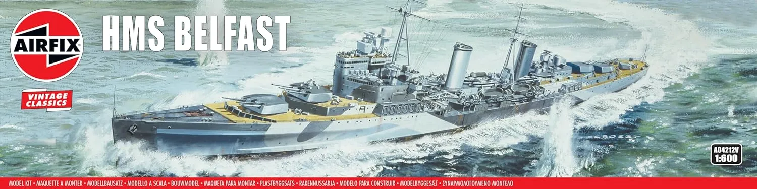 Airfix Ship Model Kit Vintage Classics - A04212V HMS Belfast, Plastic Watercraft Model Kits for Adults & Kids Ages 8 , Skill Level 3, 1:600 Scale WW2 Warship Models, Miniature Battleship Navy Gifts