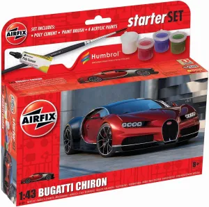Airfix Starter Set Model Kit Car - A55005 Bugatti Chiron - 1:43 Scale Plastic Model Car Kits, Model Cars to Build and Paint for Adults & Kids 14 , Includes Paints - Mens Hobbies Kits, Skill Lvl. 1