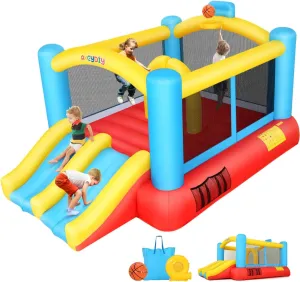 AKEYDIY Bounce House, Indoor Outdoor Inflatable Bouncer with Blower, Jumping Castle w/Double Slide, Durable Family Backyard Bouncy House Castle w/Basketball Hoop, Ideal for Kids