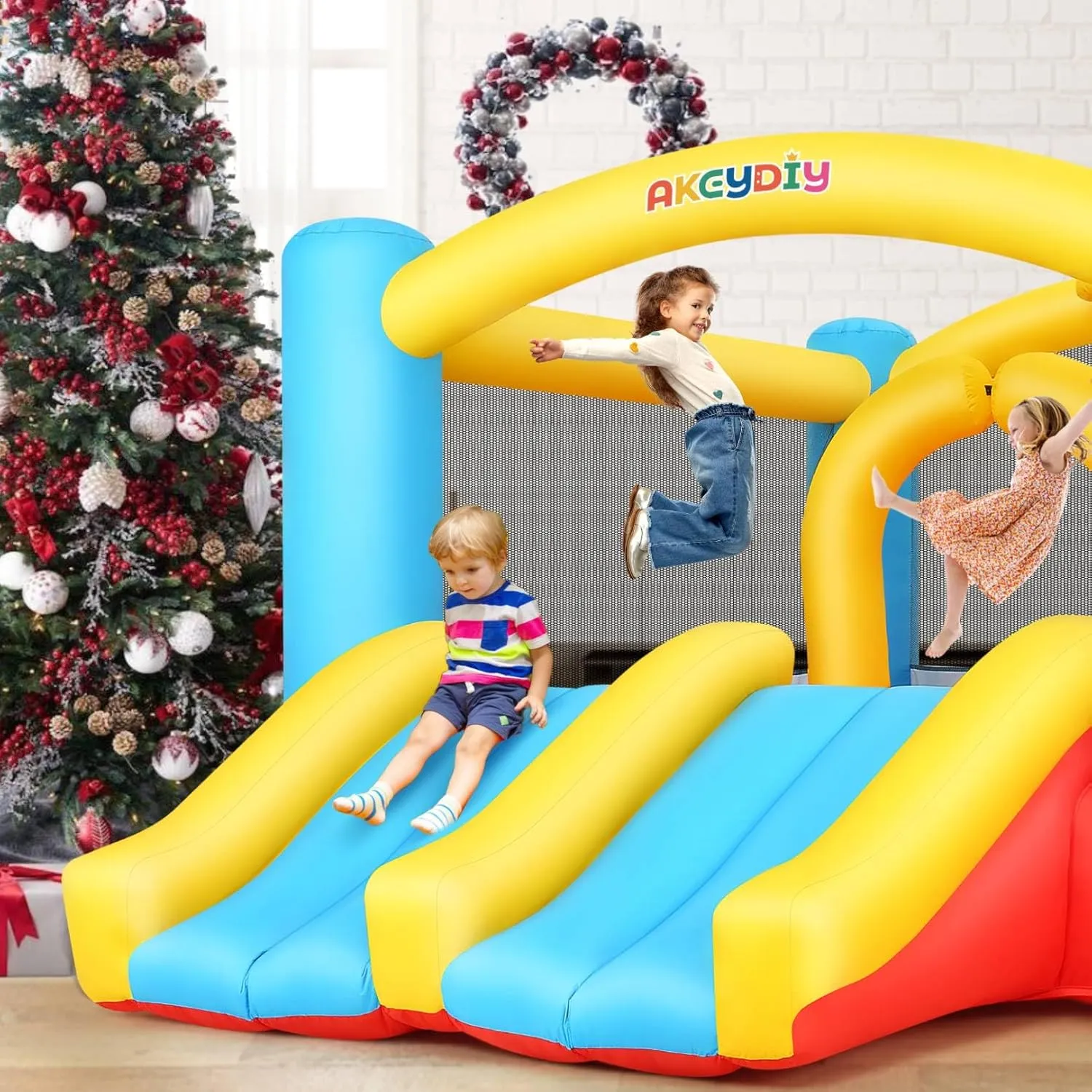 AKEYDIY Bounce House, Indoor Outdoor Inflatable Bouncer with Blower, Jumping Castle w/Double Slide, Durable Family Backyard Bouncy House Castle w/Basketball Hoop, Ideal for Kids