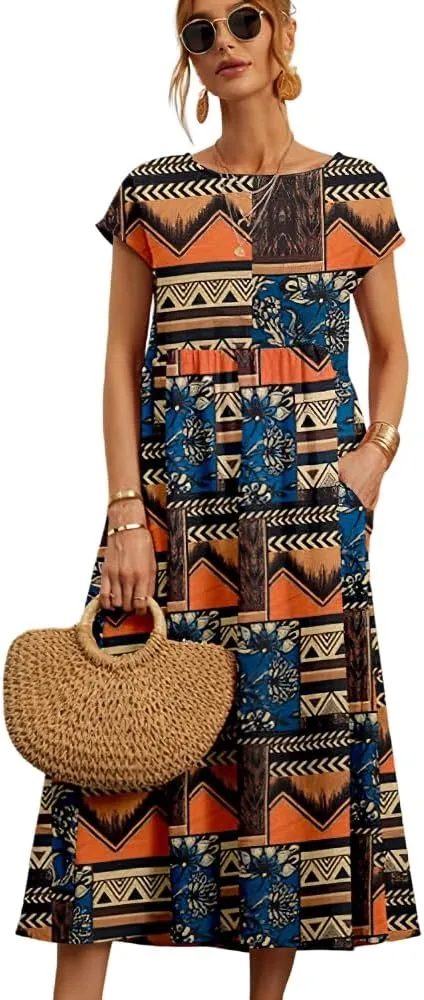 Akivide Women's Summer Cotton Linen Floral Printed Short Sleeve Dress Crew Neck Loose Casual Beach Dresses with Pockets