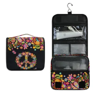 ALAZA Hippie Peace Symbol Paisley Flowers Sign Floral Toiletry Bag Hanging Multifunction Cosmetic Case Portable Makeup Pouch Organizer with Hook