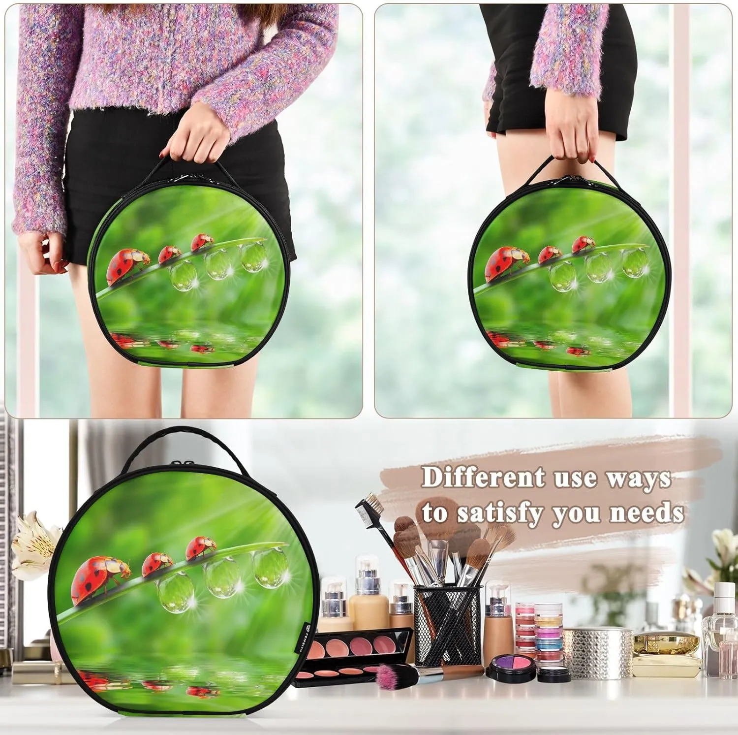 ALAZA Ladybugs Family on A Dewy Grass Travel Makeup Organizer for Jewelry Digital Accessories