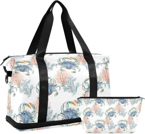 ALAZA Sea Blue Crabs and Corals Gym Bag Sports Duffel Bag with Shoes Compartment, Overnight Weekender Travel Tote Bag for Women Men Trip College