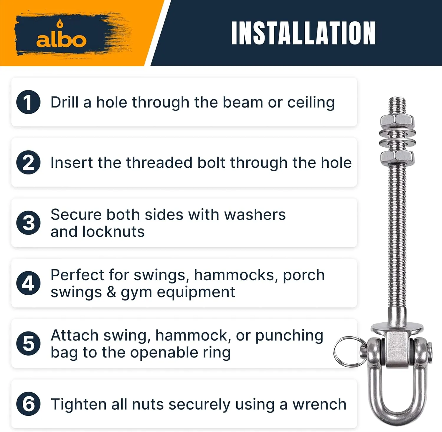 Albo 2 Pack. Heavy Duty Swing Hangers – 7 Inch, 304 Stainless Steel, 550 lbs Swivel Hooks for Porch, Punching Bag, Hammock, Yoga, Gym, Playground, Ceiling Mount for Wood & Concrete Indoor Outdoor
