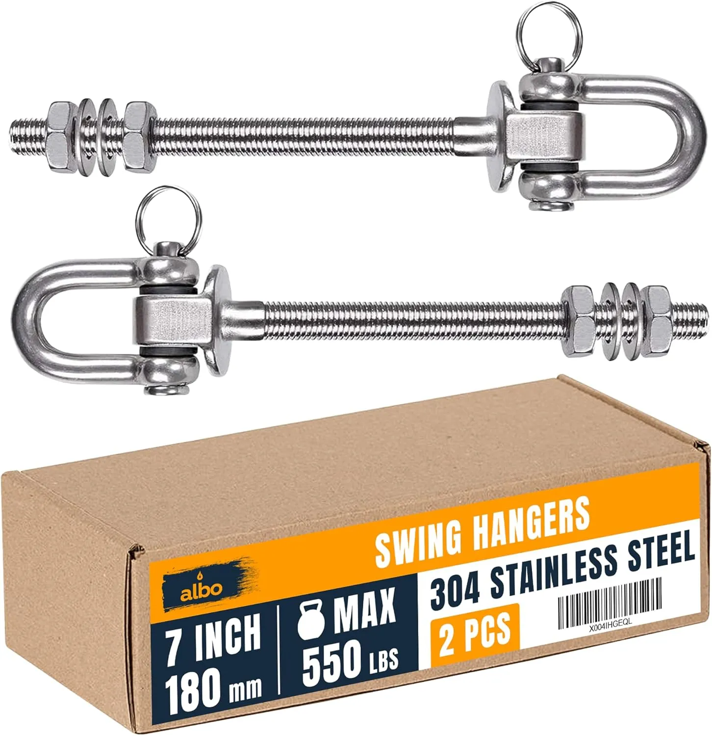 Albo 2 Pack. Heavy Duty Swing Hangers – 7 Inch, 304 Stainless Steel, 550 lbs Swivel Hooks for Porch, Punching Bag, Hammock, Yoga, Gym, Playground, Ceiling Mount for Wood & Concrete Indoor Outdoor