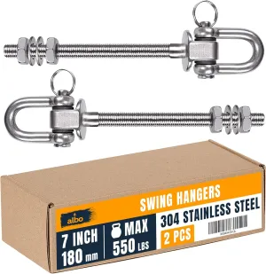 Albo 2 Pack. Heavy Duty Swing Hangers – 7 Inch, 304 Stainless Steel, 550 lbs Swivel Hooks for Porch, Punching Bag, Hammock, Yoga, Gym, Playground, Ceiling Mount for Wood & Concrete Indoor Outdoor