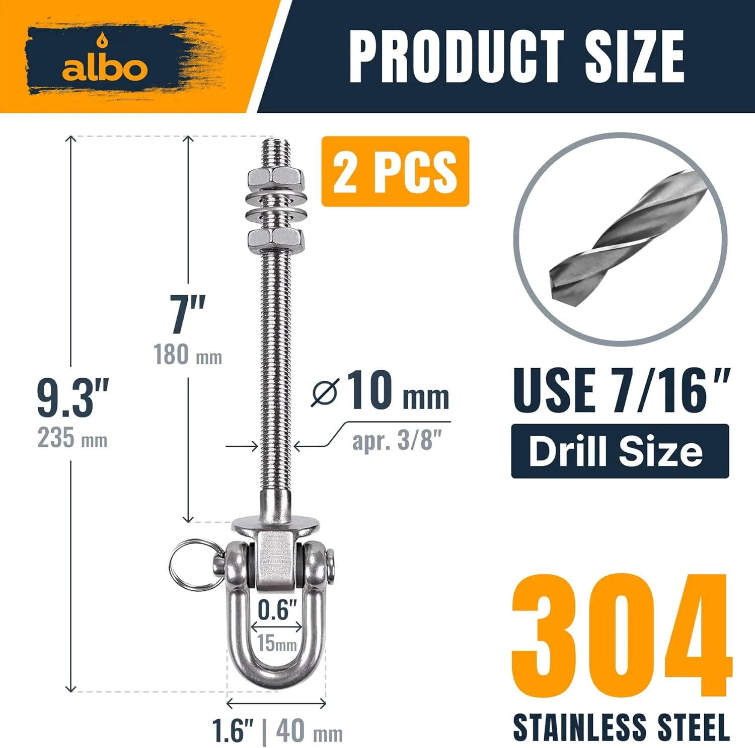 Albo 2 Pack. Heavy Duty Swing Hangers – 7 Inch, 304 Stainless Steel, 550 lbs Swivel Hooks for Porch, Punching Bag, Hammock, Yoga, Gym, Playground, Ceiling Mount for Wood & Concrete Indoor Outdoor