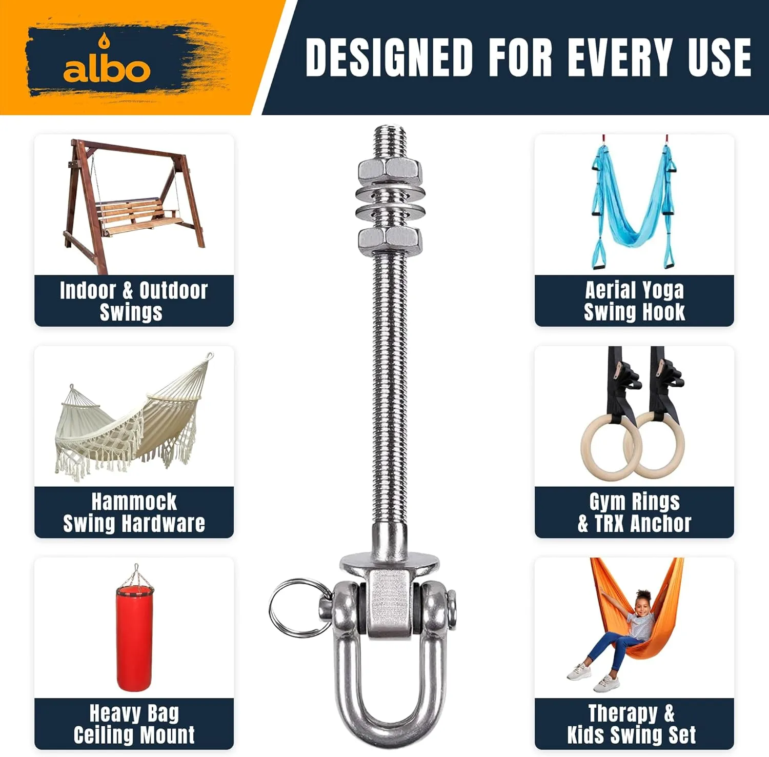 Albo 2 Pack. Heavy Duty Swing Hangers – 7 Inch, 304 Stainless Steel, 550 lbs Swivel Hooks for Porch, Punching Bag, Hammock, Yoga, Gym, Playground, Ceiling Mount for Wood & Concrete Indoor Outdoor