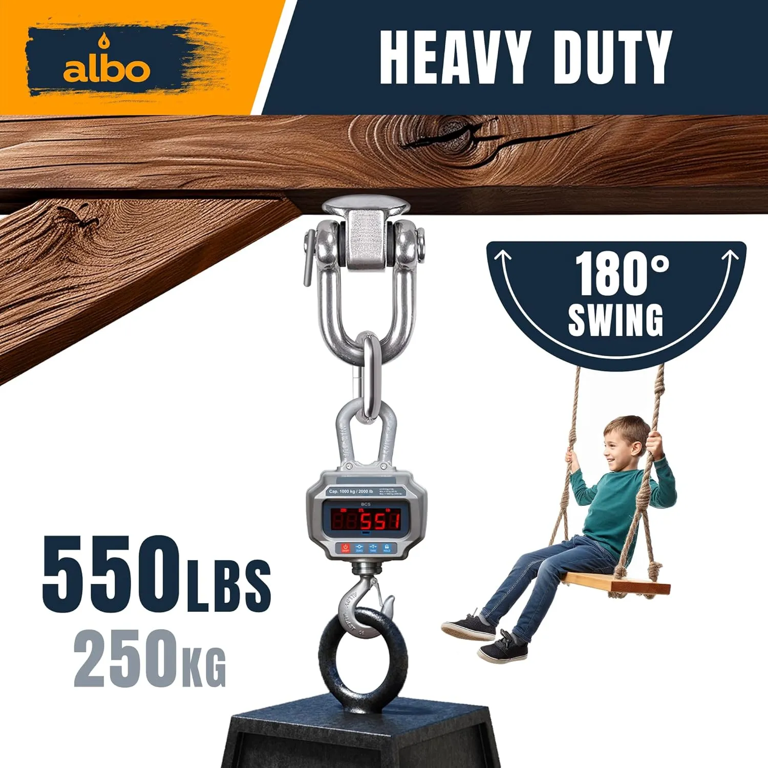 Albo 2 Pack. Heavy Duty Swing Hangers – 7 Inch, 304 Stainless Steel, 550 lbs Swivel Hooks for Porch, Punching Bag, Hammock, Yoga, Gym, Playground, Ceiling Mount for Wood & Concrete Indoor Outdoor