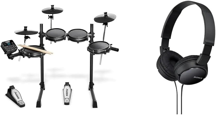 Alesis Turbo Mesh Kit – Electric Drum Set With 100  Sounds & Sony ZX Series Wired On-Ear Headphones, Black MDR-ZX110, 7.87 x 1.81 x 5.87 inches